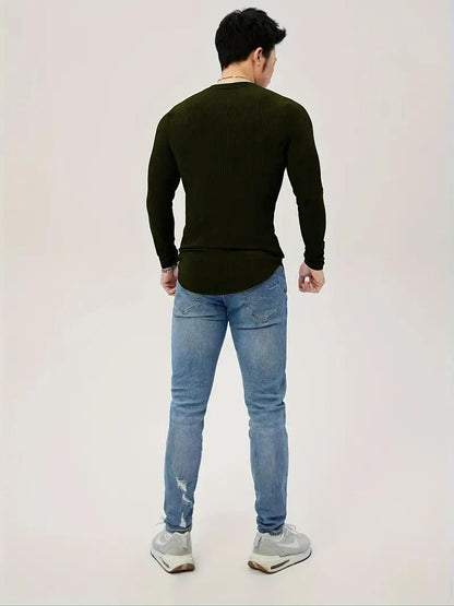 Cotton Knitted Long Sleeves T-Shirt Olive Green - The Divine Shop