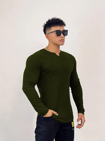 Cotton Knitted Long Sleeves T-Shirt Olive Green - The Divine Shop