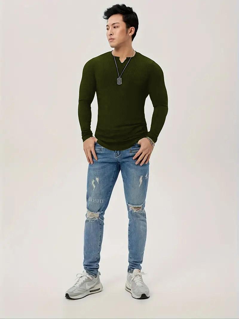 Cotton Knitted Long Sleeves T-Shirt Olive Green - The Divine Shop