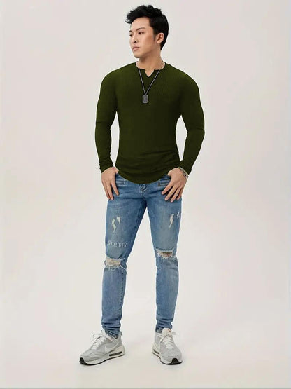 Cotton Knitted Long Sleeves T-Shirt Olive Green - The Divine Shop