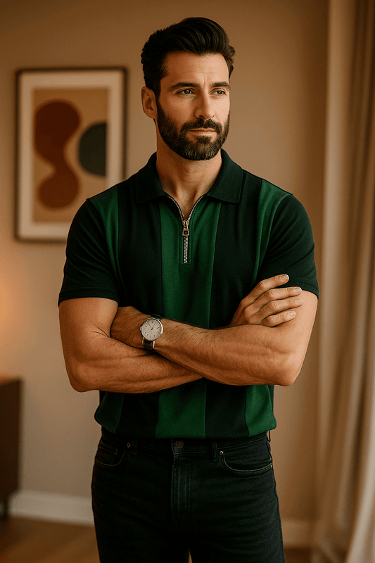 Drop Shoulder Black Green Contrasts Polo T-Shirts - The Divine Shop