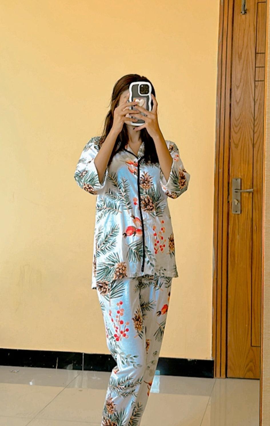 Elegent White Floral Night wear PJs in quater sleeves - Premium Nightwear's from The Divine Shop - Just Rs.1899! Shop now at The Divine Shop