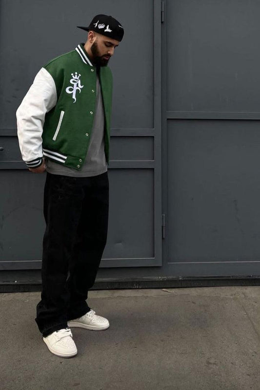 Green and White Baseball Jacket with F King Print - The Divine Shop