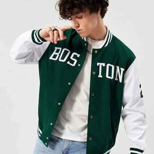 Green and white boston printer baseball jacket - The Divine Shop