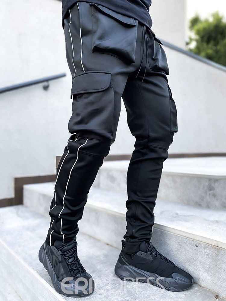 Black cargo pants white stripe hip hop mens