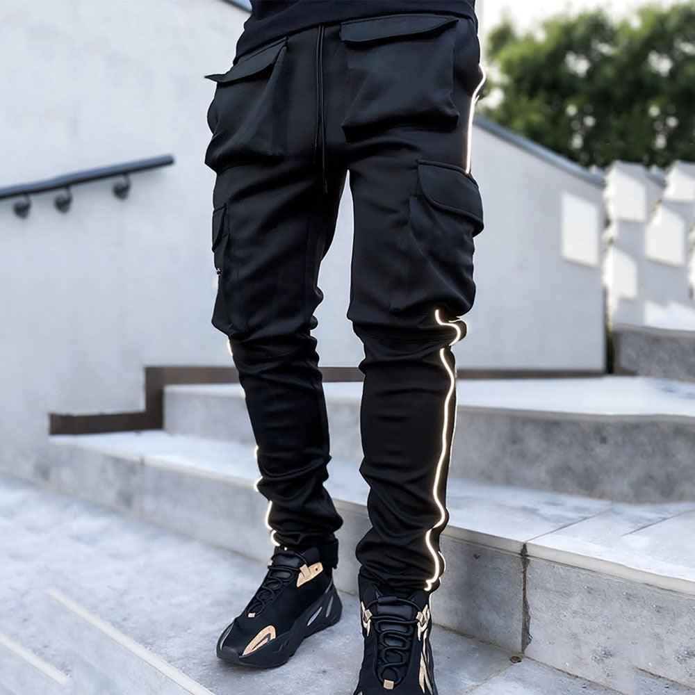 Black cargo pants white stripe hip hop mens