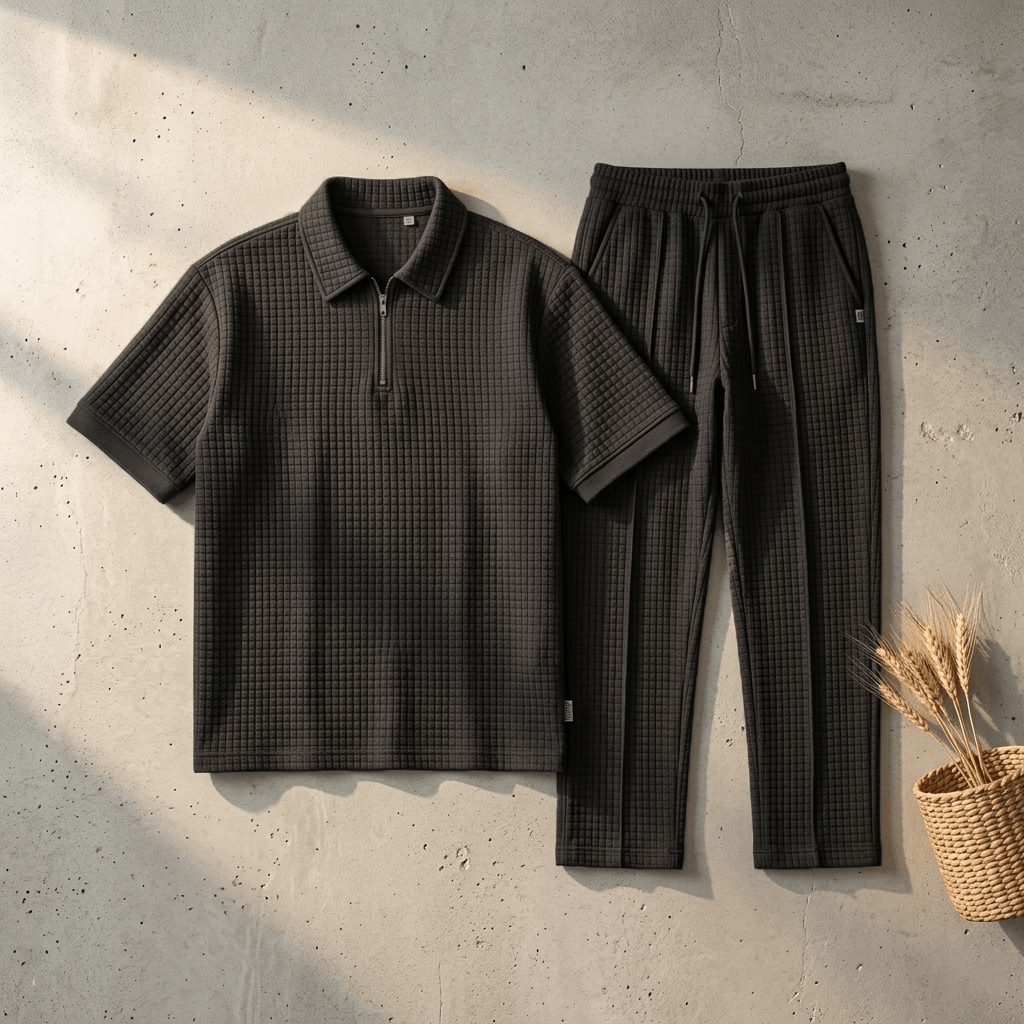 Loose Fit Men's Solid ColorPolo Zipper Shirt & Pants Set - The Divine Shop