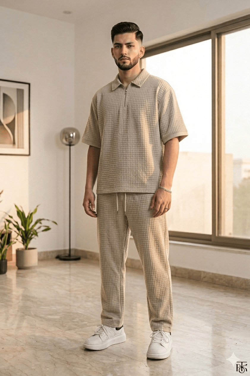Loose Fit Men's Solid ColorPolo Zipper Shirt & Pants Set - The Divine Shop