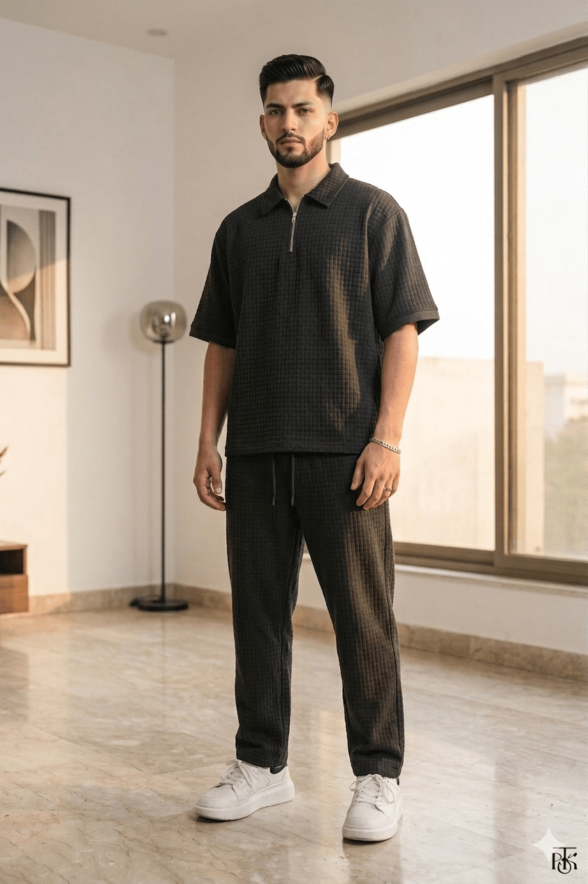 Loose Fit Men's Solid ColorPolo Zipper Shirt & Pants Set - The Divine Shop