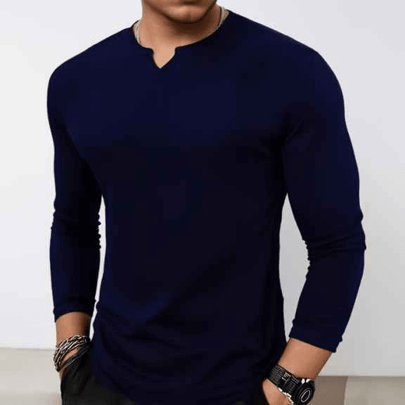 Man in gray and navy knitted long sleeves - Premium waffle knitted t-shirt from The Divine Shop - Just Rs.1399! Shop now at The Divine Shop