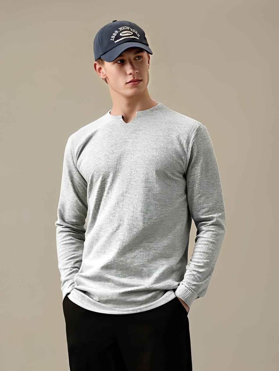 Man in gray and navy knitted long sleeves - Premium waffle knitted t-shirt from The Divine Shop - Just Rs.1399! Shop now at The Divine Shop