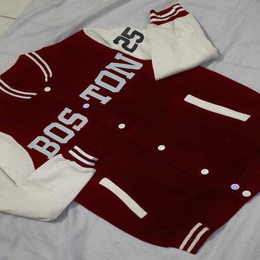 Maroon Boston Print Baseball jacket - The Divine Shop