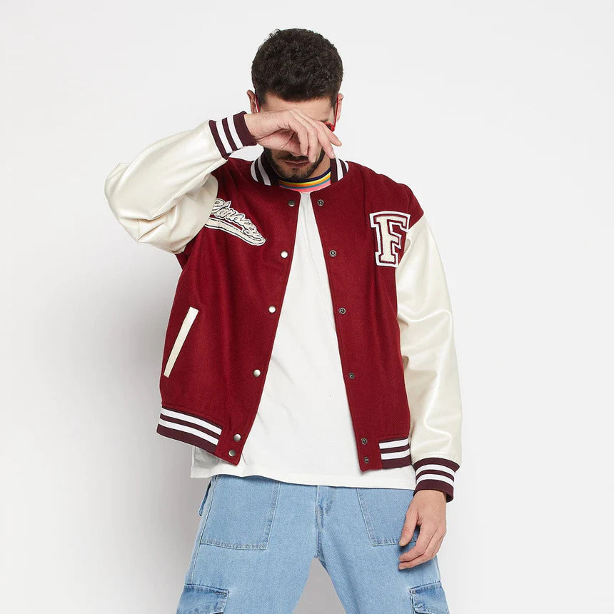 Baseball Jacket Maroon and White F Printed - Premium Baseball Jacket from The Divine Shop - Just Rs.1999! Shop now at The Divine Shop