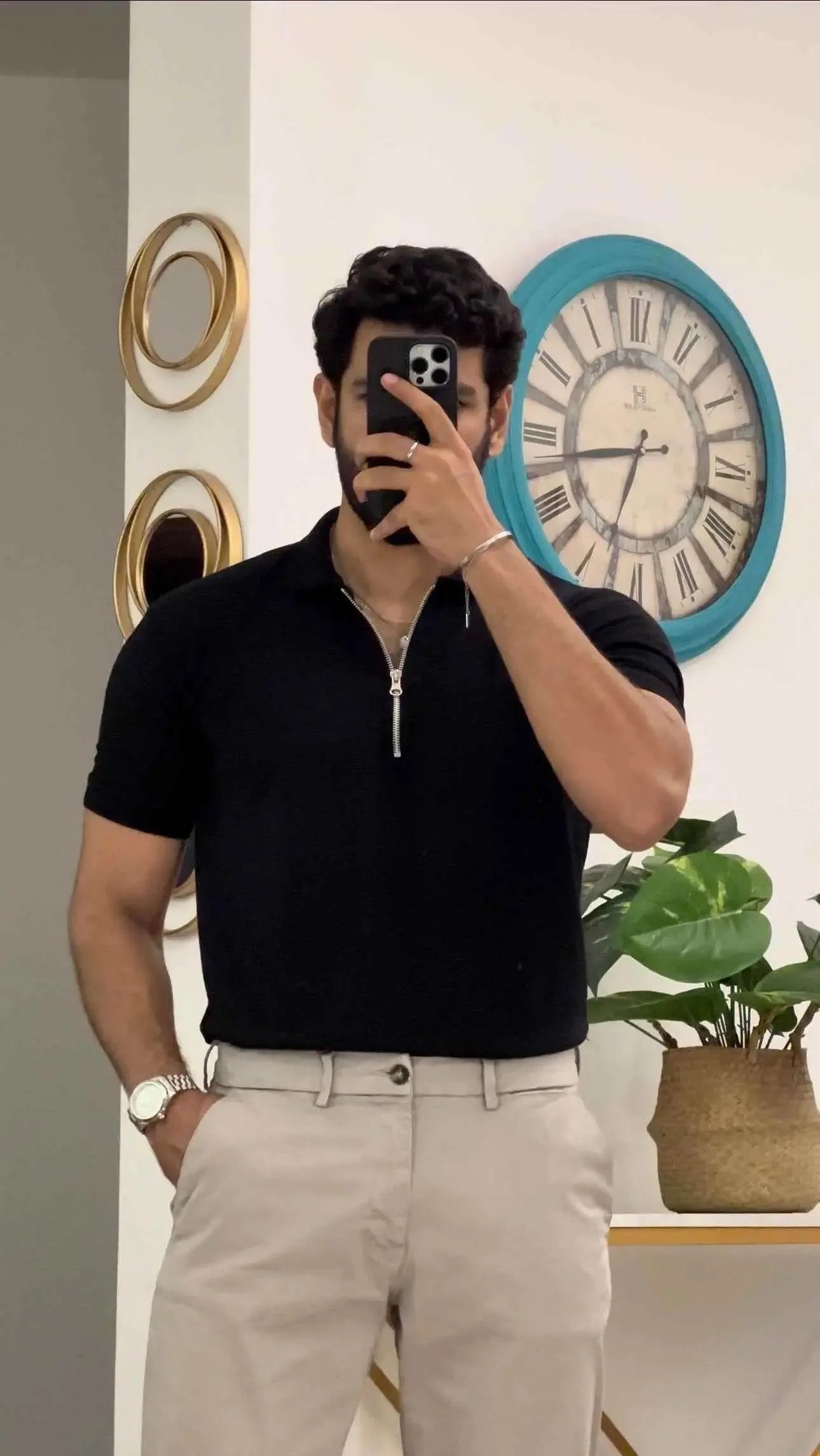 Mens black zipper polo shirt outfit - The Divine Shop