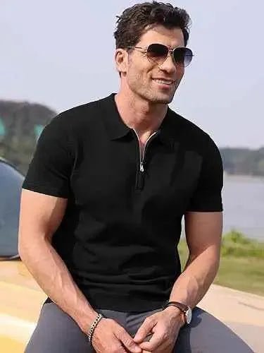 Mens black zipper polo shirt outfit - Premium Polo T-Shirt from The Divine Shop - Just Rs.2250! Shop now at The Divine Shop