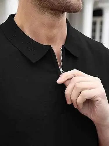 Mens black zipper polo shirt outfit - The Divine Shop