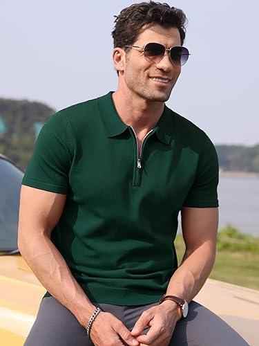 Mens bottle green zipper polo shirt - The Divine Shop