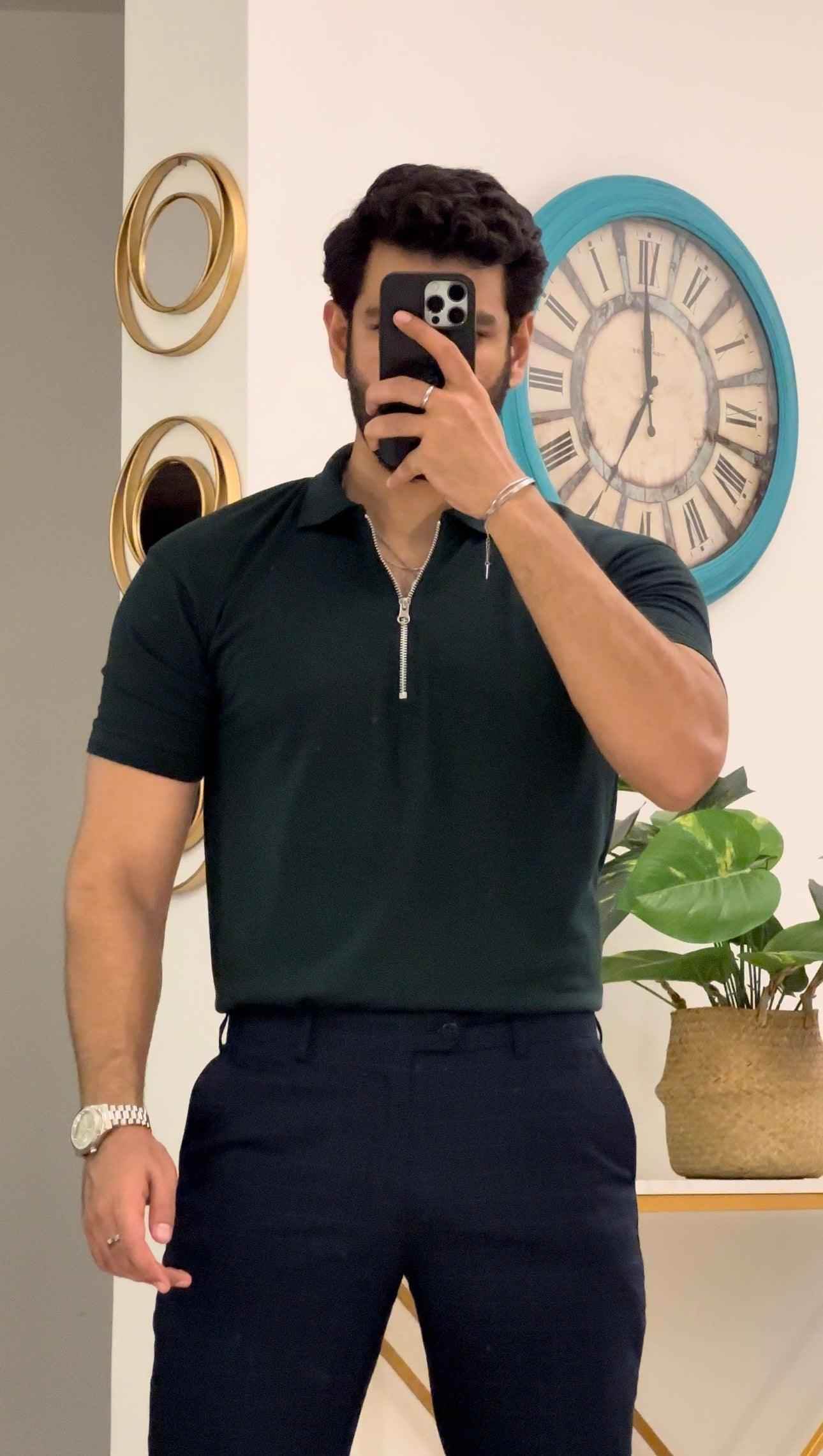 Mens bottle green zipper polo shirt - The Divine Shop