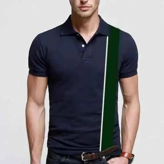 Navy blue polo shirt green stripe menswear - The Divine Shop