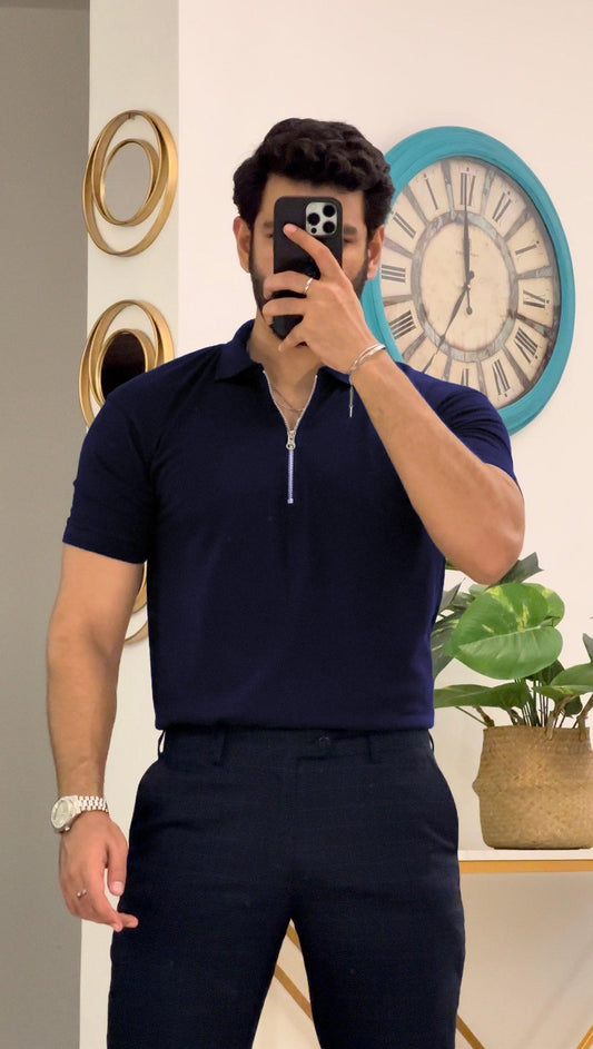 Navy Blue Zipper Polo T-Shirts - The Divine Shop