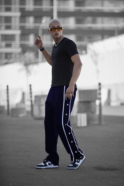 Manfinity Men Contrast Tape Button Side Drawstring Waist Sweatpants Navy Blue