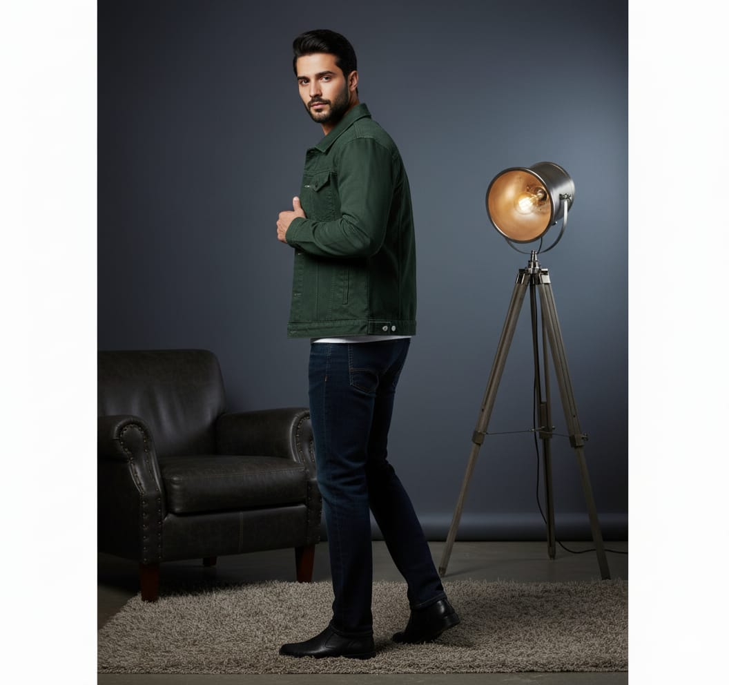 Olive green denim jacket export quality green - Premium Denim jacket from The Divine Shop - Just Rs.3999! Shop now at The Divine Shop
