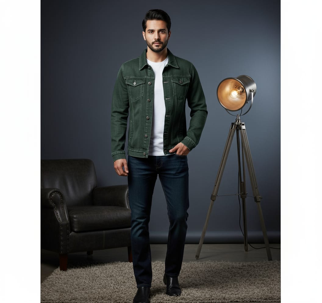 Olive green denim jacket export quality green - Premium Denim jacket from The Divine Shop - Just Rs.3999! Shop now at The Divine Shop