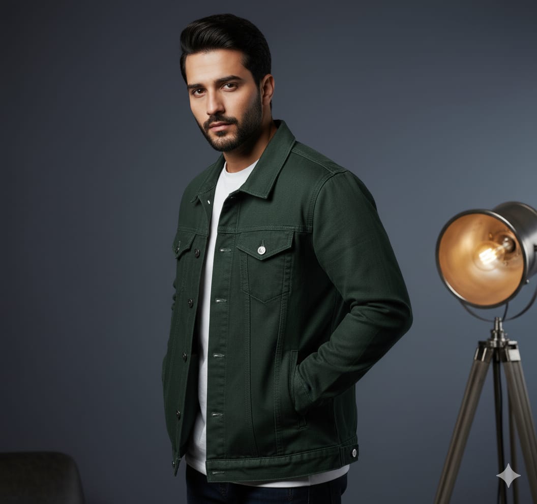 Olive green denim jacket export quality green - Premium Denim jacket from The Divine Shop - Just Rs.3999! Shop now at The Divine Shop