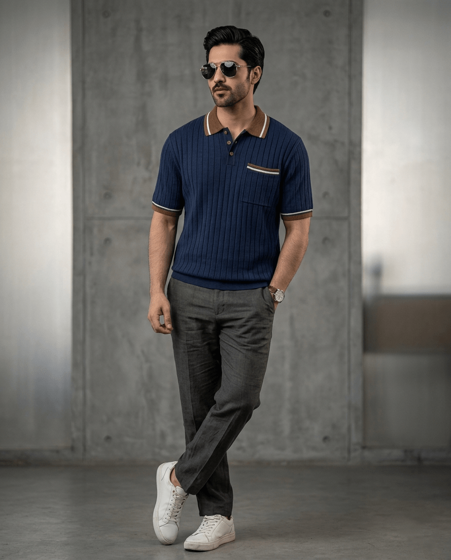 Slim Fit Ribbed Knit Polo T-Shirt for Men – Premium Fabric - The Divine Shop
