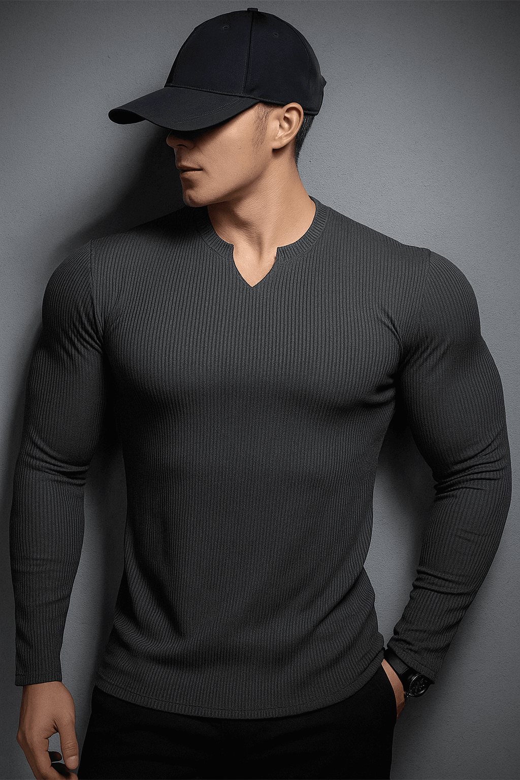 V Shaped Crew Neck Long Sleeves Knitted T-Shirt - Premium waffle knitted t-shirt from The Divine Shop - Just Rs.1499! Shop now at The Divine Shop