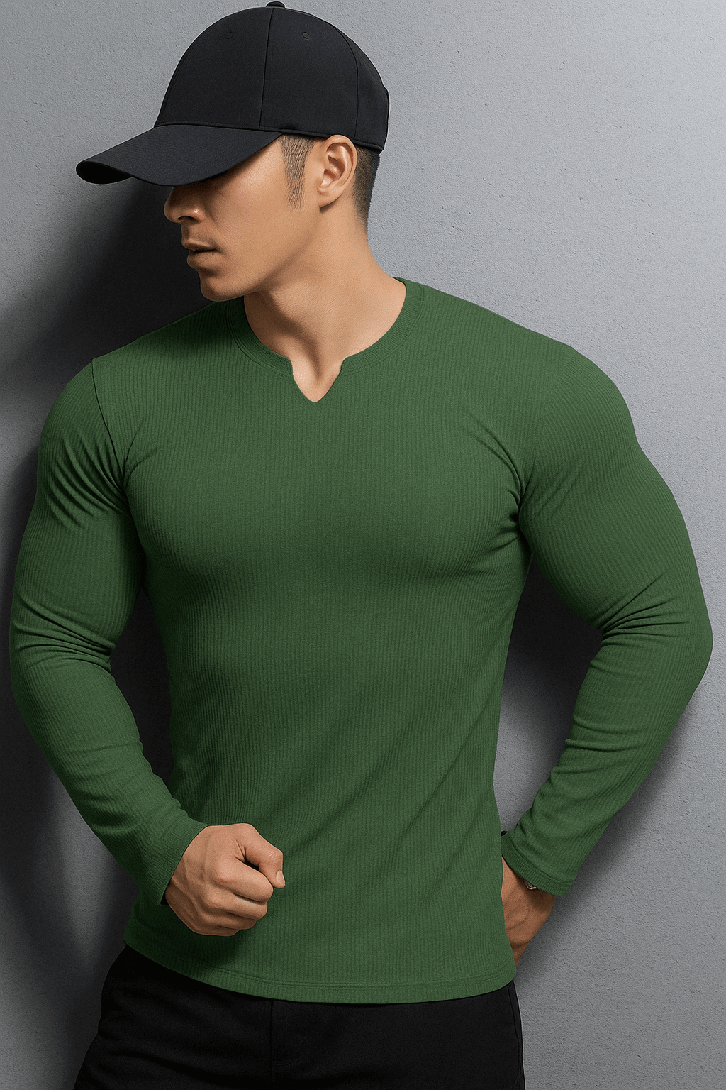 V Shaped Crew Neck Long Sleeves Knitted T-Shirt - The Divine Shop