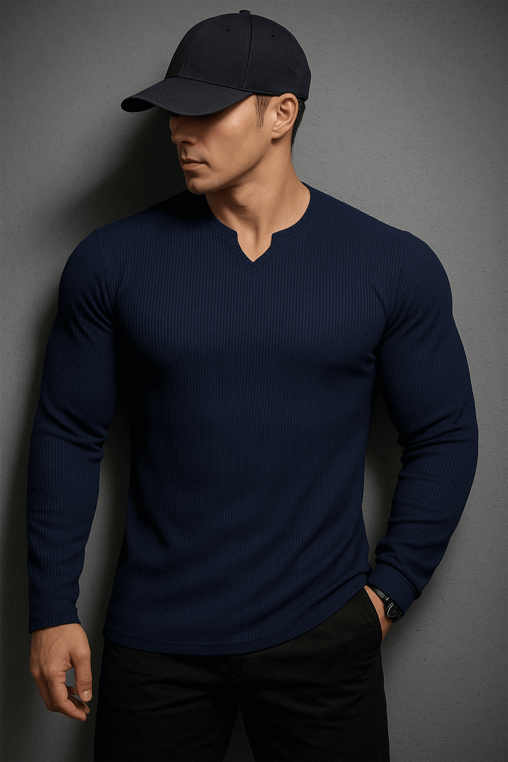 V Shaped Crew Neck Long Sleeves Knitted T-Shirt - Premium waffle knitted t-shirt from The Divine Shop - Just Rs.1499! Shop now at The Divine Shop