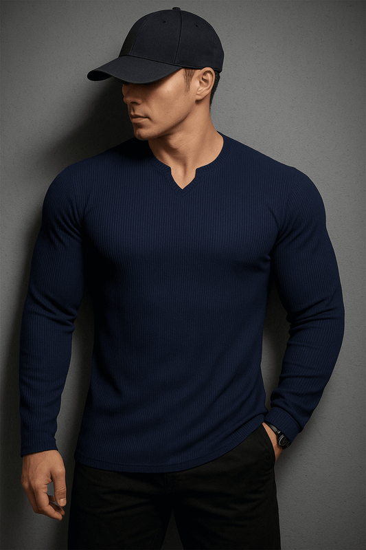V Shaped Crew Neck Long Sleeves Knitted T-Shirt - The Divine Shop