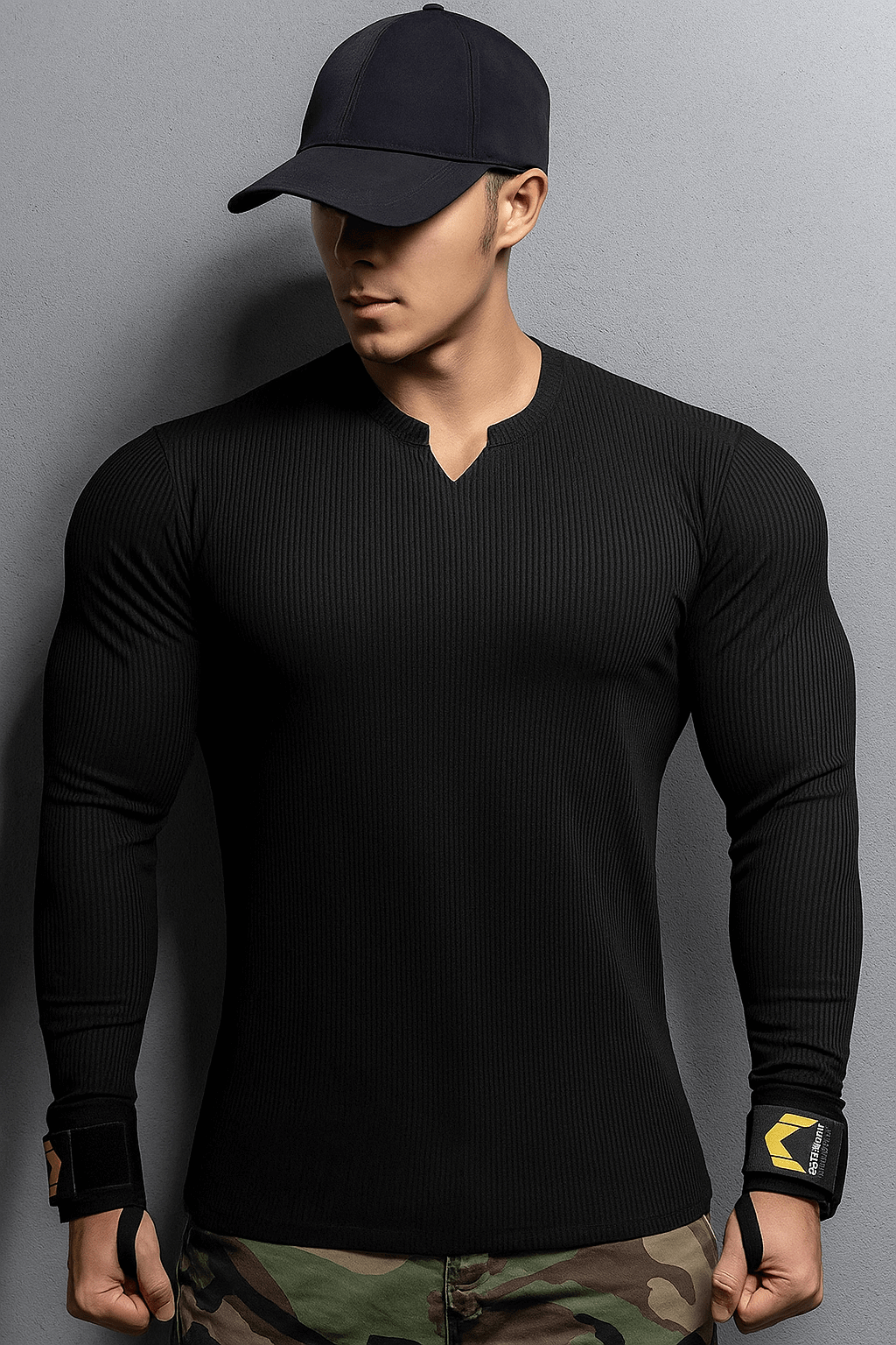 V Shaped Crew Neck Long Sleeves Knitted T-Shirt - Premium waffle knitted t-shirt from The Divine Shop - Just Rs.1499! Shop now at The Divine Shop
